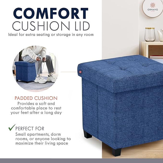 Ornavo Home Storage Ottoman with Legs, Square Cube Foot Rest Stool Seat, for Living Room, Bedroom, Home Office, Dorm - 15 x 15 x 15, Navy Blue
