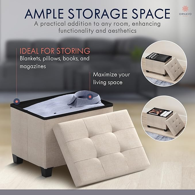 Ornavo Home Storage Ottoman Small Rectangle Ottoman with Legs, Foot Rest Stool Seat, Load up to 600 LB, for Living Room, Bedroom, Home Office, Dorm - 12 x 16 x 12, Beige