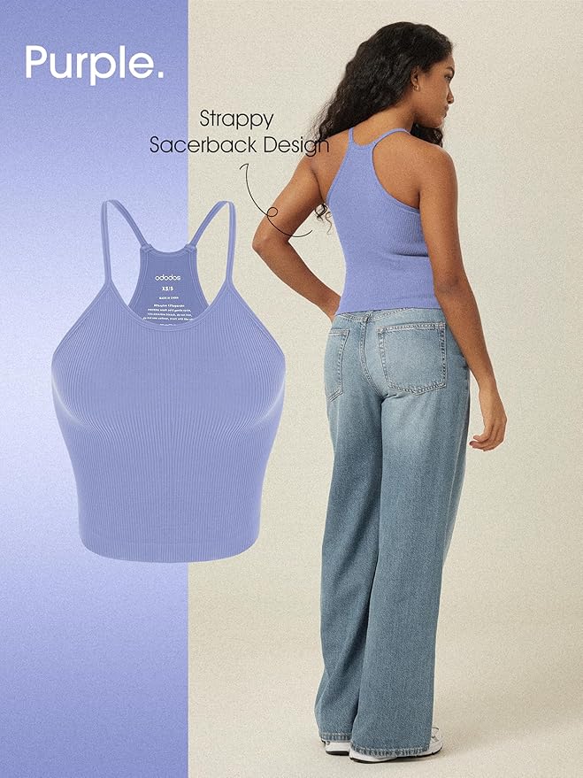 ODODOS Women's Crop 3-Pack Seamless Rib-Knit Camisole Crop Tank Tops