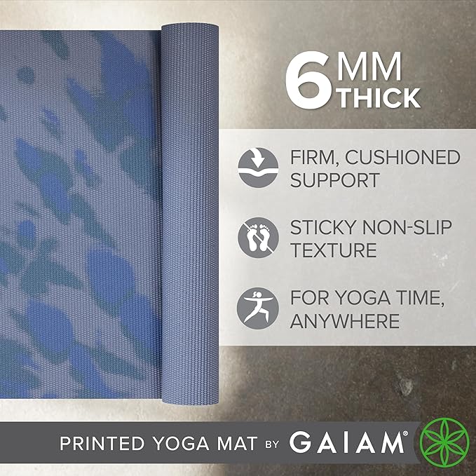 Gaiam Yoga Mat - Premium 6mm Print Extra Thick Non Slip Exercise & Fitness Mat for All Types of Yoga, Pilates & Floor Workouts (68"L x 24"W x 6mm Thick)