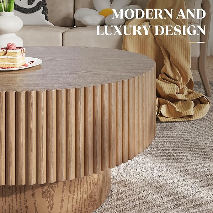 YOUDENOVA 43.7” Oval Coffee Table, Modern Wood Fluted Coffee Table for Living Room, Veneer Handcrafted Relief Center Table with Sturdy Pedestal，Easy Assembly - Walnut