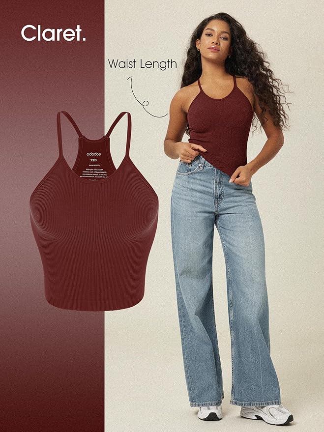 ODODOS Women's Crop 3-Pack Seamless Rib-Knit Camisole Crop Tank Tops