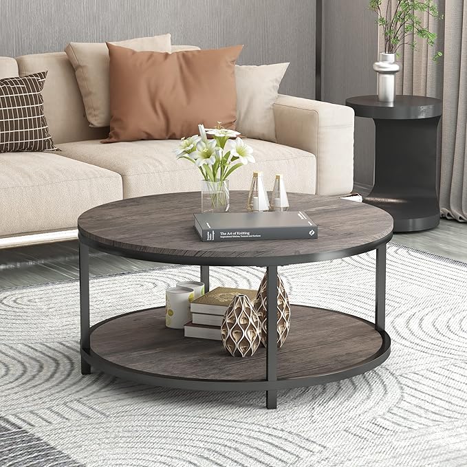 NSdirect Round Coffee Table,36" Coffee Table for Living Room,2-Tier Rustic Wood Desktop with Storage Shelf Modern Design Home Furniture(Light Walnut)