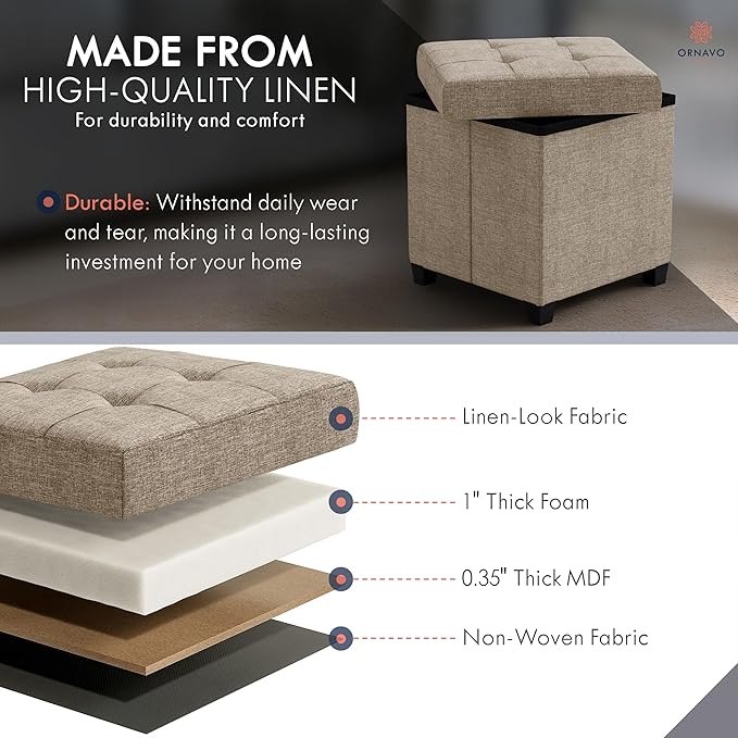 Ornavo Home Storage Ottoman with Legs, Square Cube Foot Rest Stool Seat, for Living Room, Bedroom, Home Office, Dorm - 15 x 15 x 15, Tan