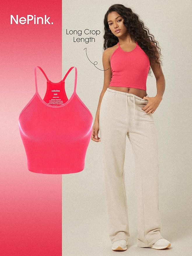 ODODOS Women's Crop 3-Pack Seamless Rib-Knit Camisole Crop Tank Tops