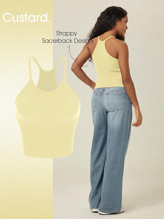 ODODOS Women's Crop 3-Pack Seamless Rib-Knit Camisole Crop Tank Tops