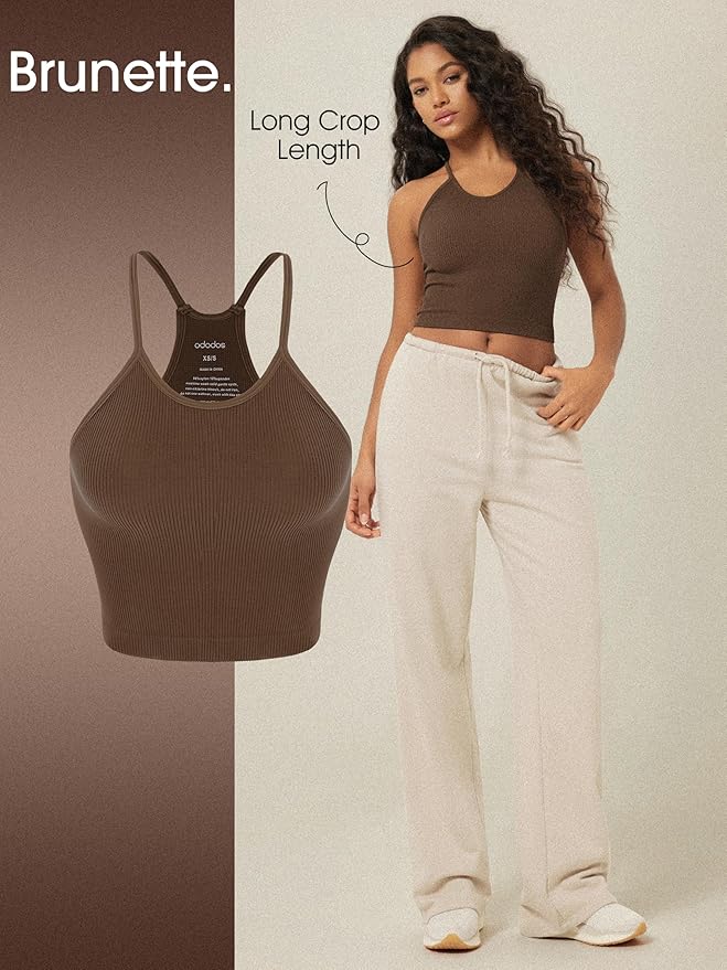 ODODOS Women's Crop 3-Pack Seamless Rib-Knit Camisole Crop Tank Tops