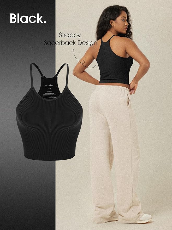 ODODOS Women's Crop 3-Pack Seamless Rib-Knit Camisole Crop Tank Tops