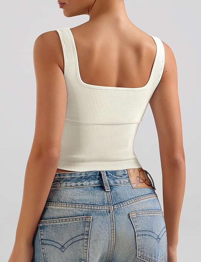 OLCHEE Womens 3 Pack Crop Tank Tops Basic Seamless Ribbed Sleeveless Square Neck Workout Top Summer Exercise Yoga Gym Shirts