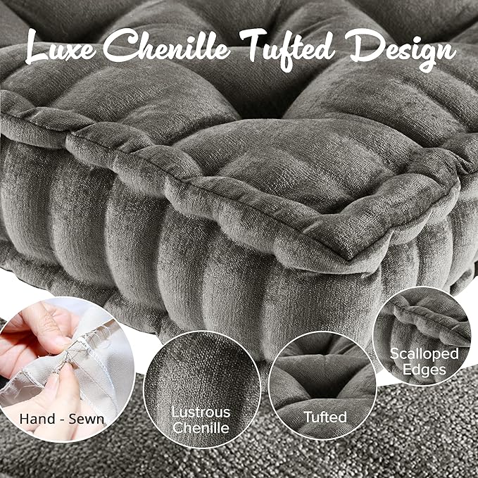 Intelligent Design Azza Floor Pillow, Large Cushions Sitting for Adults, Floor Pillow for Meditation or Yoga, Lustrous Chenille Tufted with Scalloped Edges for Bench/Chair Cushion, 20"x20"x5" Charcoal
