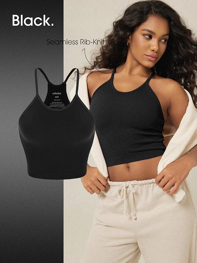 ODODOS Women's Crop 3-Pack Seamless Rib-Knit Camisole Crop Tank Tops