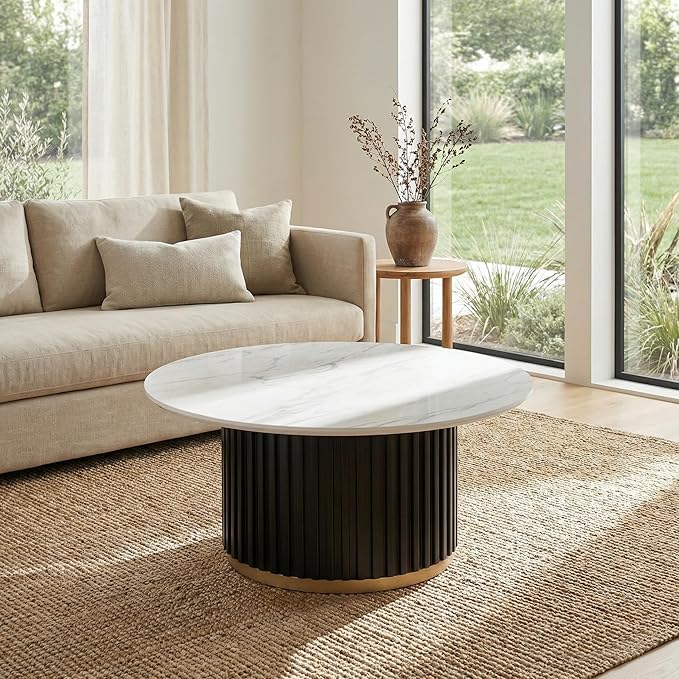 Modern Round Coffee Table with Fluted Pedestal Circle Coffee Table with Faux Marble Tabletop for Bedroom,Apartment,Living Room White