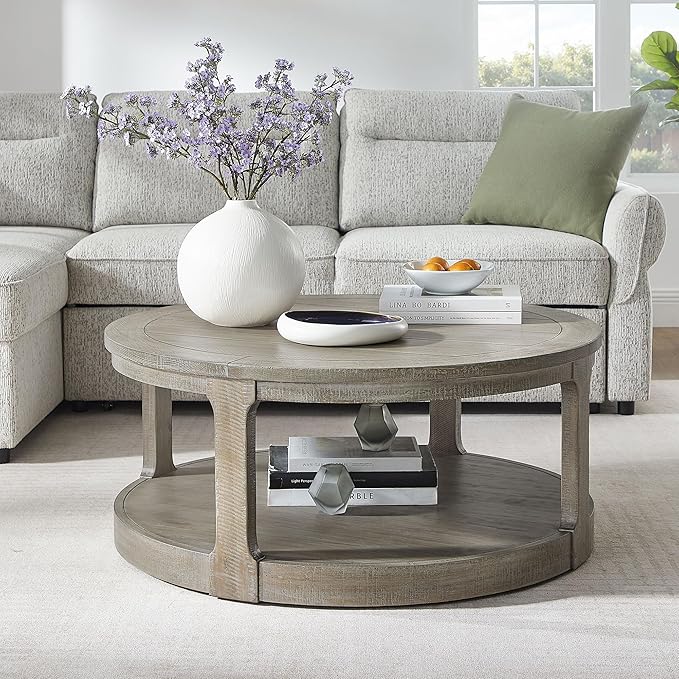 40" Round Wood Coffee Table, 2 Tier Modern Center Table with Roller Wheels,Solid Wood+MDF, Easy Assembly, Accent Table for Living Room, Apartment, Small Space. (Light Brown)