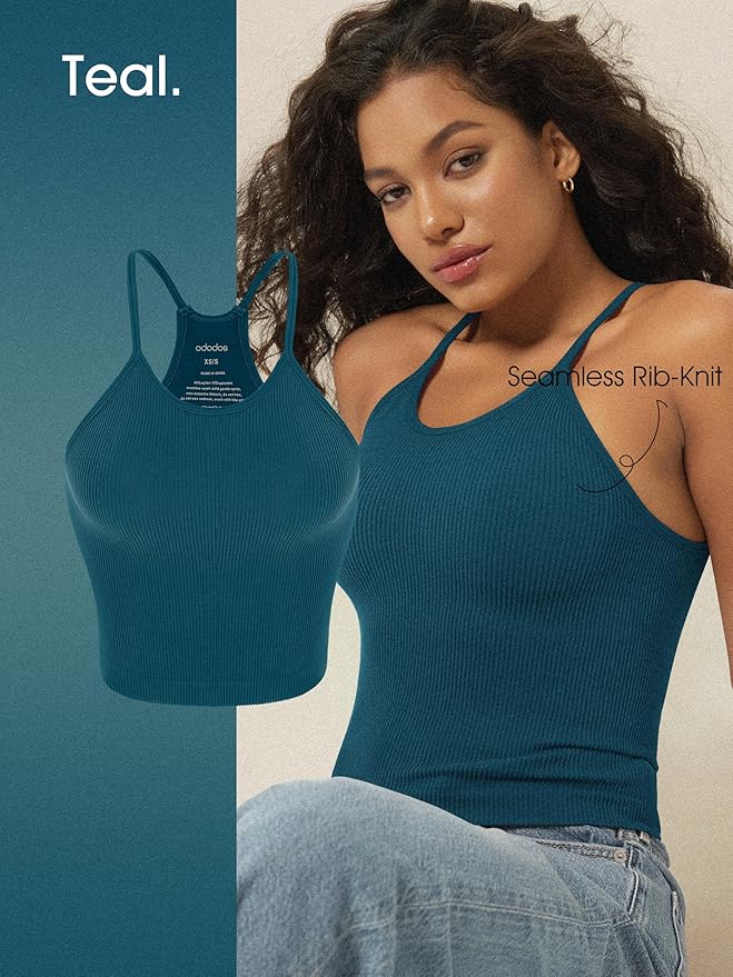 ODODOS Women's Crop 3-Pack Seamless Rib-Knit Camisole Crop Tank Tops