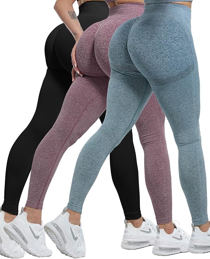 CHRLEISURE Workout Leggings Sets for Women, Gym Scrunch Butt Butt Lifting Seamless Leggings 3 Piece