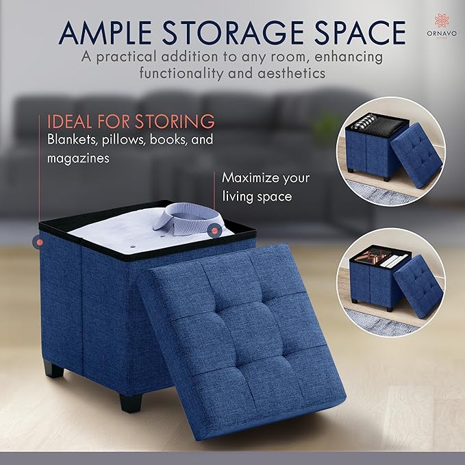 Ornavo Home Storage Ottoman with Legs, Square Cube Foot Rest Stool Seat, for Living Room, Bedroom, Home Office, Dorm - 15 x 15 x 15, Navy Blue