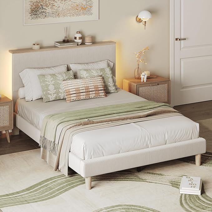 Bestier Full Bed Frame with Adjustable Headboard & LEDLighting, Corduroy Upholstered Platform Bed Frame withStorage Shelf, Solid Wood Slats, No Box Spring Needed,Never Squeak, Easy Assembly, Beige