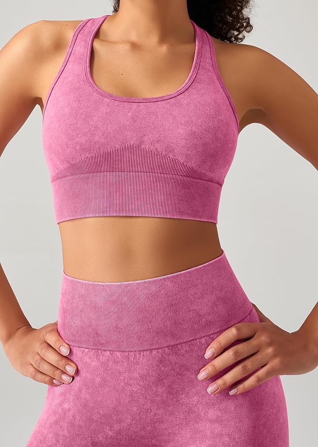 OLCHEE Womens Workout Sets 2 Piece - Acid Wash Seamless Yoga Outfits High Waist Leggings Padded Racerback Sports Bra Gym Set