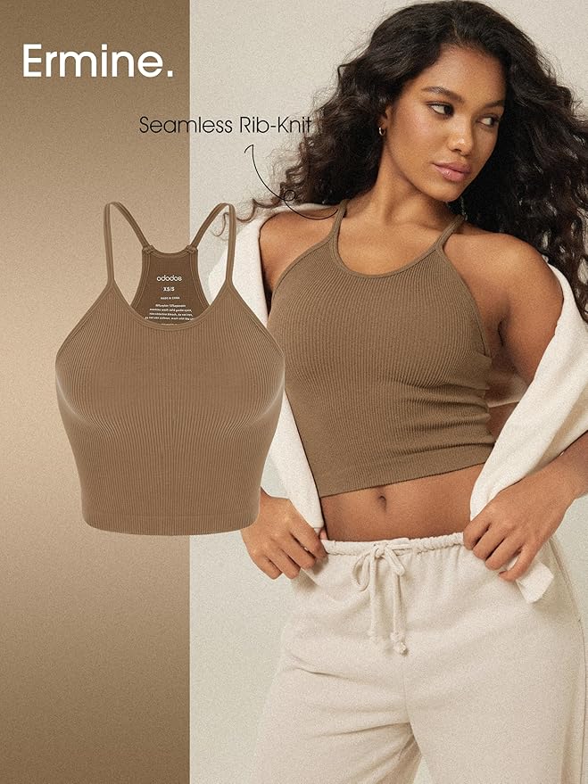 ODODOS Women's Crop 3-Pack Seamless Rib-Knit Camisole Crop Tank Tops