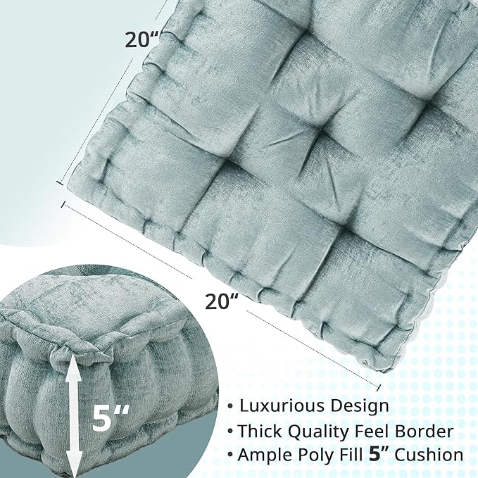 Intelligent Design Azza Floor Pillow, Large Cushions Sitting for Adults, Floor Pillow for Meditation or Yoga, Lustrous Chenille Tufted with Scalloped Edges for Bench/Chair Cushion, 20"x20"x5" Aqua