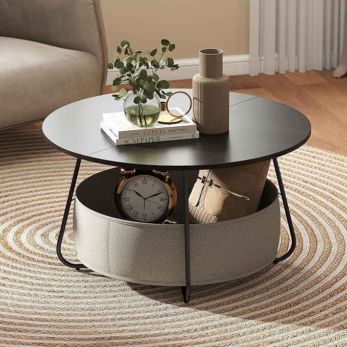 Manora Small Round Coffee Table for Living Room, Modern Center Table with Fabric Basket Storage, Cute Circle Table for Small Spaces, Metal Frame, Espresso