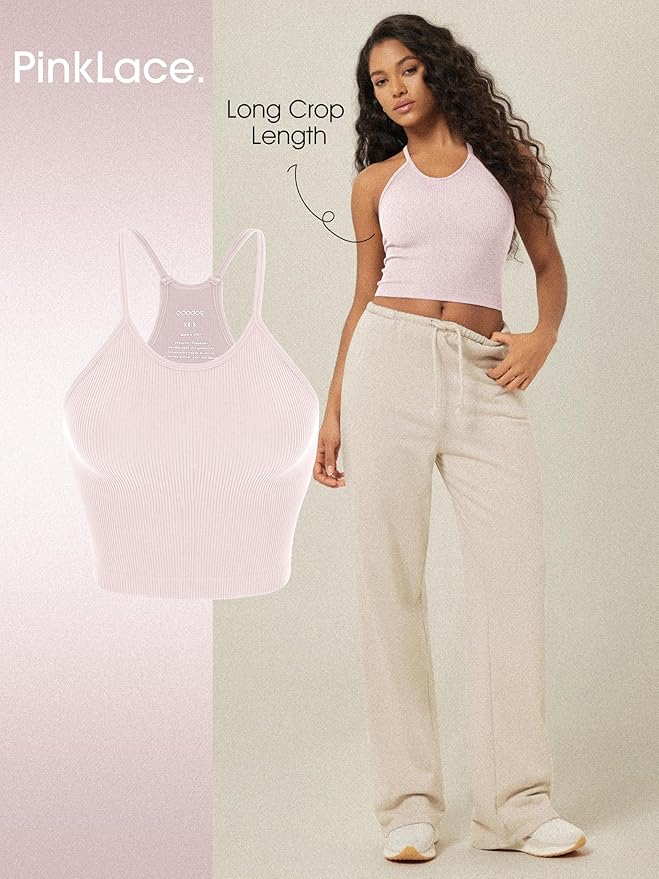 ODODOS Women's Crop 3-Pack Seamless Rib-Knit Camisole Crop Tank Tops