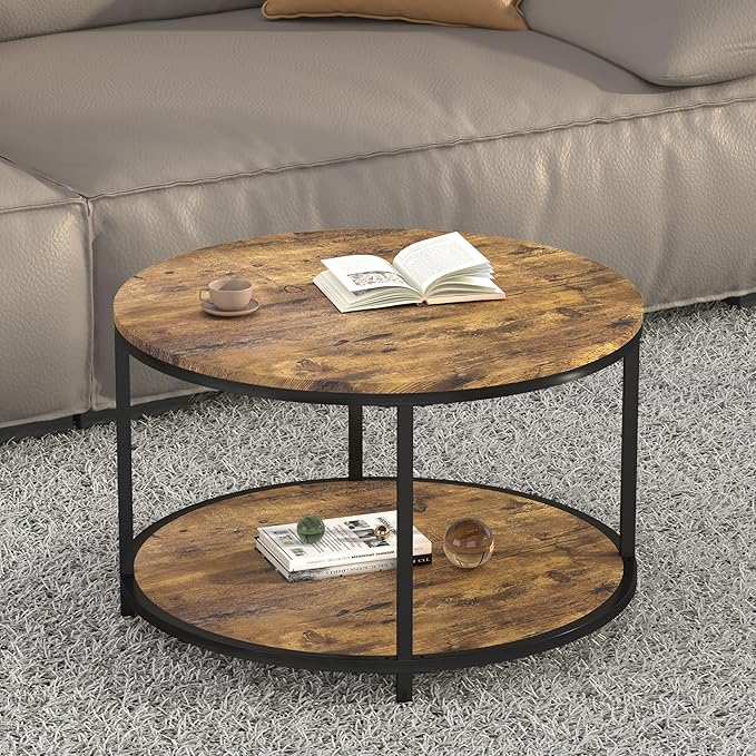 NSdirect Round Coffee Table, 25.6" Small Coffee Table for Living Room,2-Tier Rustic Wood Desktop with Storage Shelf Modern Design Home Furniture(Brown)