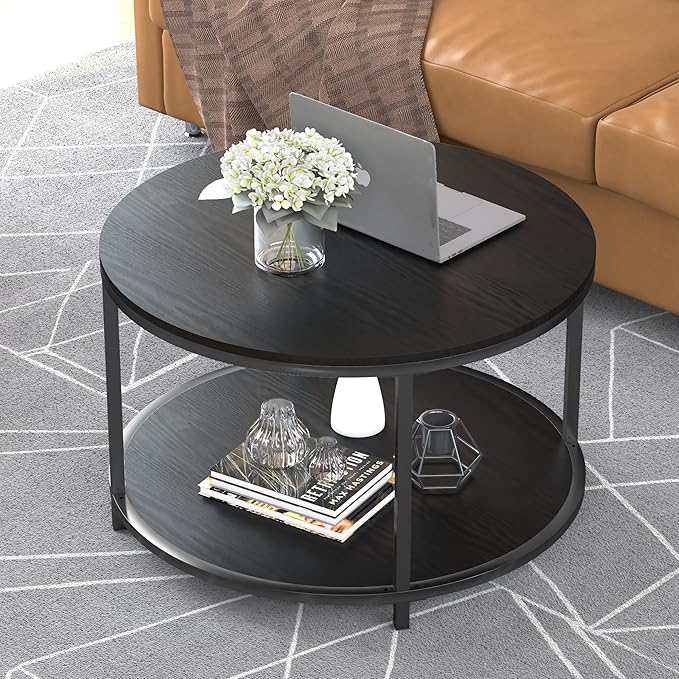 NSdirect Round Coffee Table, 25.6" Small Coffee Table for Living Room,2-Tier Rustic Wood Desktop with Storage Shelf Modern Design Home Furniture(Black)
