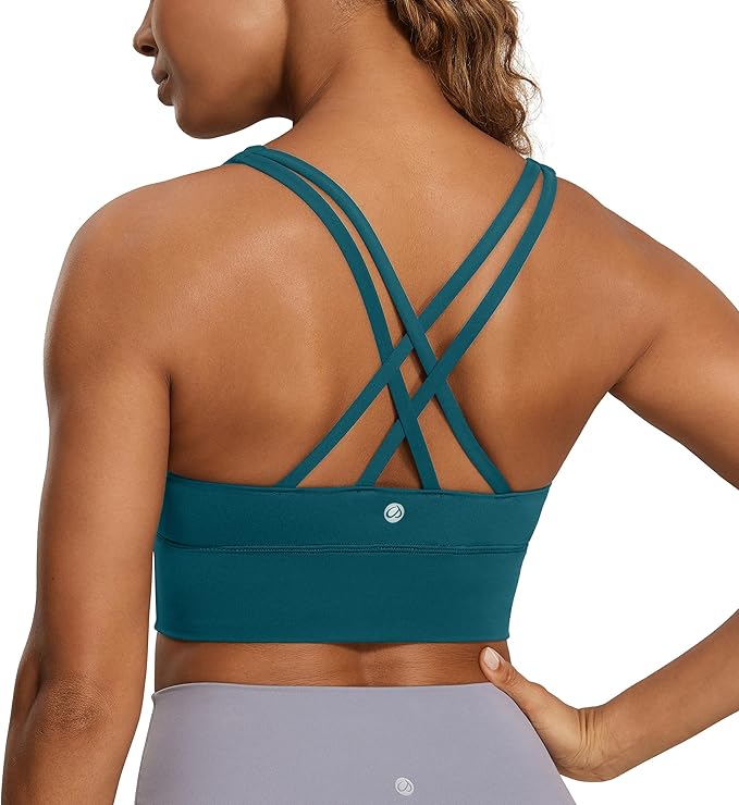 CRZ YOGA Naked Feeling Strappy Longline Sports Bras for Women - Medium Impact Criss Cross Yoga Padded Workout Crop Top