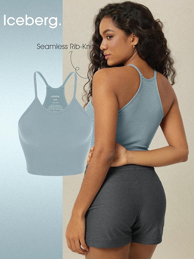 ODODOS Women's Crop 3-Pack Seamless Rib-Knit Camisole Crop Tank Tops