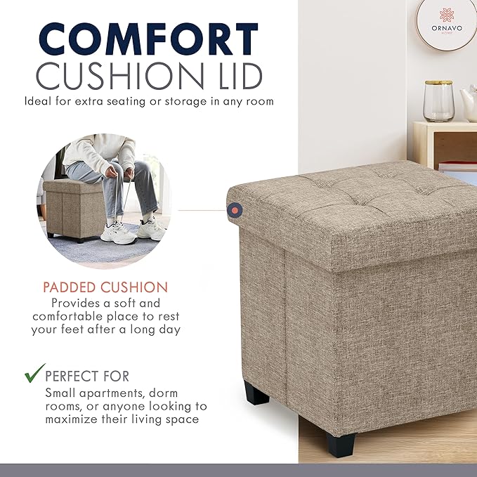 Ornavo Home Storage Ottoman with Legs, Square Cube Foot Rest Stool Seat, for Living Room, Bedroom, Home Office, Dorm - 15 x 15 x 15, Tan