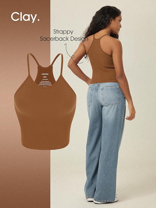 ODODOS Women's Crop 3-Pack Seamless Rib-Knit Camisole Crop Tank Tops