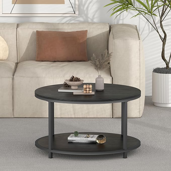 NSdirect Round Coffee Table, 27.6" Small Coffee Table for Living Room,2-Tier Rustic Wood Desktop with Storage Shelf Modern Design Home Furniture(Black)