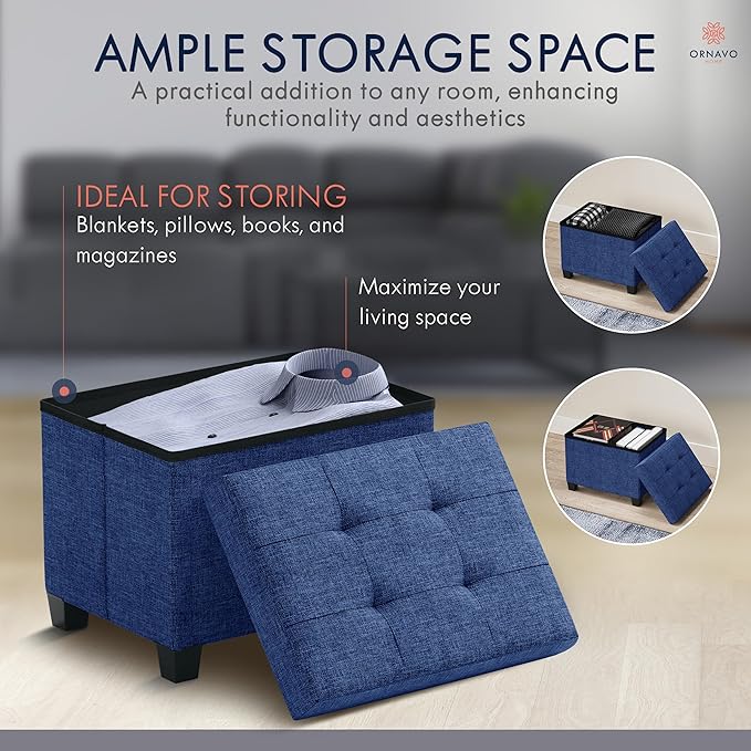 Ornavo Home Storage Ottoman Small Rectangle Ottoman with Legs, Foot Rest Stool Seat, Load up to 600 LB, for Living Room, Bedroom, Home Office, Dorm - 12 x 16 x 12, Navy Blue