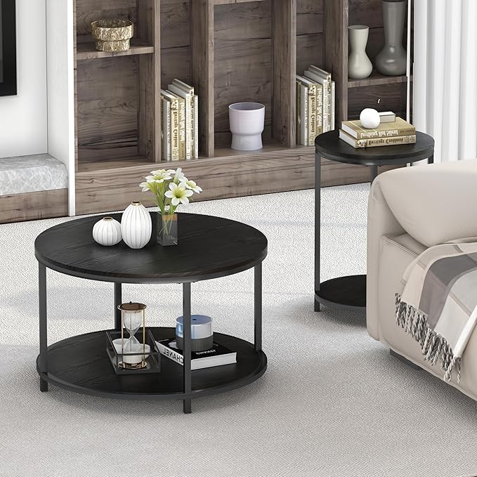 NSdirect Round Coffee Table, 25.6" Small Coffee Table for Living Room,2-Tier Rustic Wood Desktop with Storage Shelf Modern Design Home Furniture(Black)