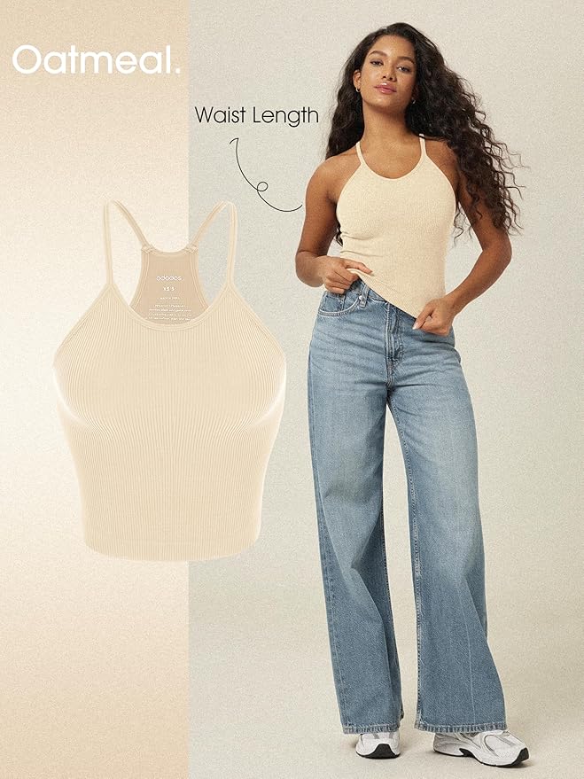 ODODOS Women's Crop 3-Pack Seamless Rib-Knit Camisole Crop Tank Tops