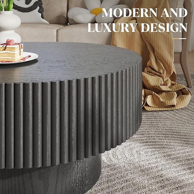 YOUDENOVA 43.7” Oval Coffee Table, Modern Wood Fluted Coffee Table for Living Room, Veneer Handcrafted Relief Center Table with Sturdy Pedestal，Easy Assembly - Black