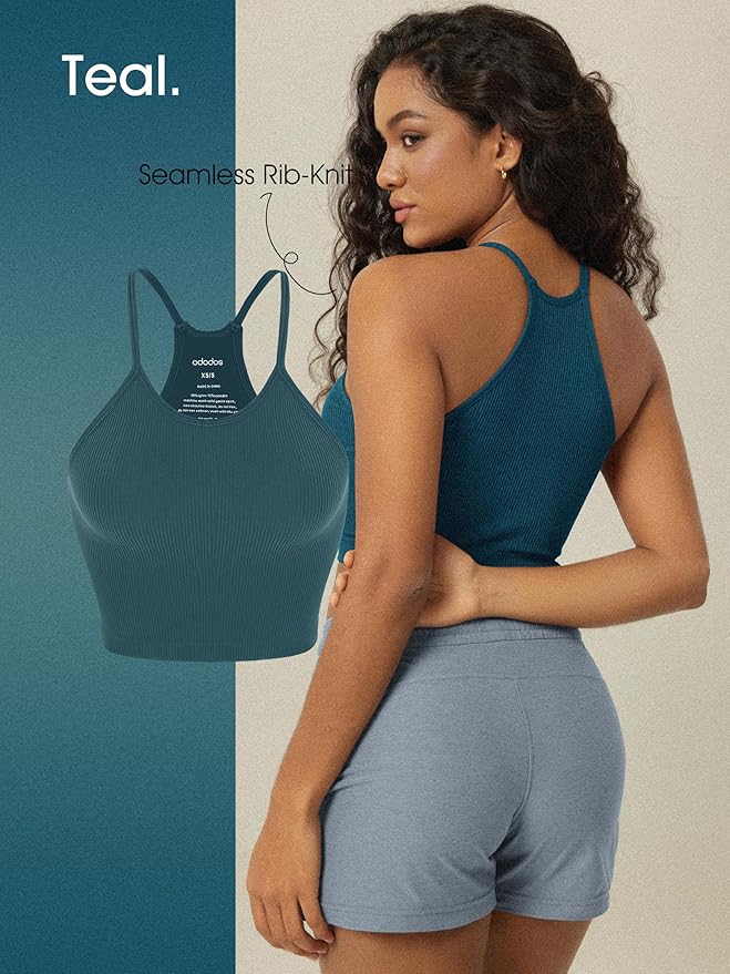 ODODOS Women's Crop 3-Pack Seamless Rib-Knit Camisole Crop Tank Tops
