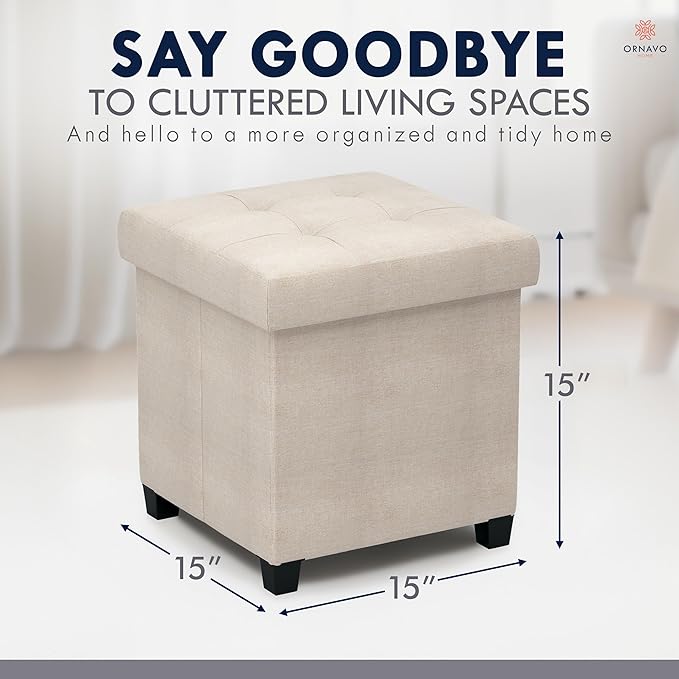 Ornavo Home Storage Ottoman with Legs, Square Cube Foot Rest Stool Seat, for Living Room, Bedroom, Home Office, Dorm - 15 x 15 x 15, Beige