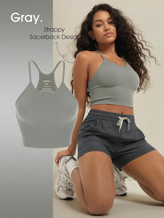 ODODOS Women's Crop 3-Pack Seamless Rib-Knit Camisole Crop Tank Tops