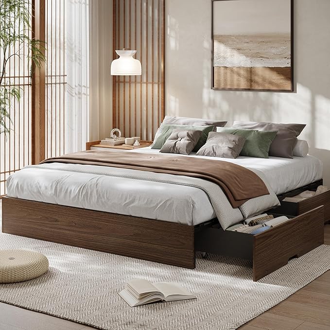 GarveeHome King Size Wood Platform Bed Frame with 2 Storage Drawers, Wooden Bed Frame Without Headboard, Wood Slat Support, No Box Spring Needed, Easy Assembly