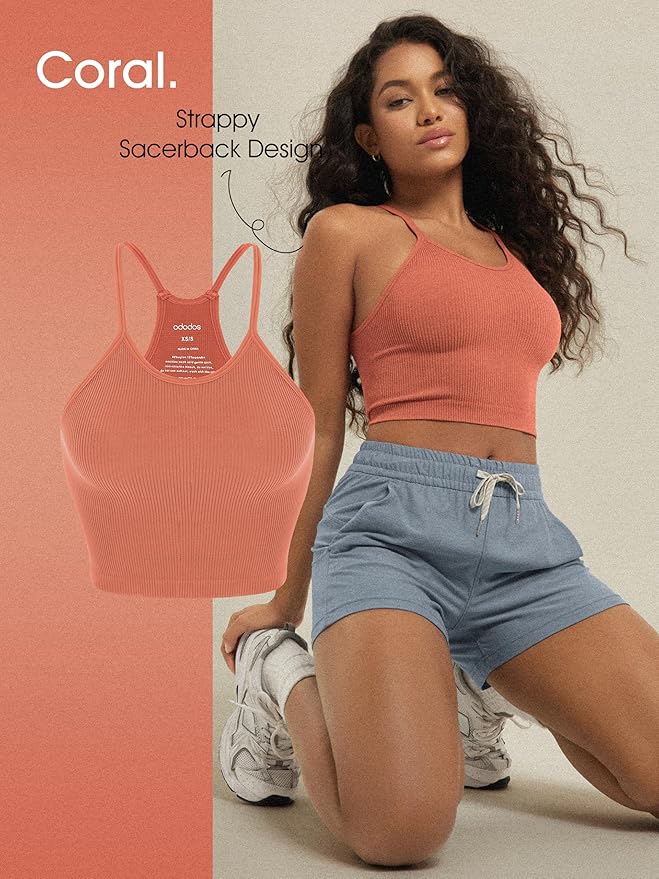 ODODOS Women's Crop 3-Pack Seamless Rib-Knit Camisole Crop Tank Tops