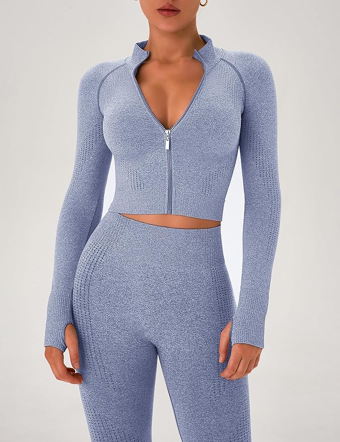 OLCHEE Womens Workout Sets 2 Piece Seamless Yoga Outfits Long Sleeve Zipper Jacket High Waist Leggings Butt Lifting Gym Set