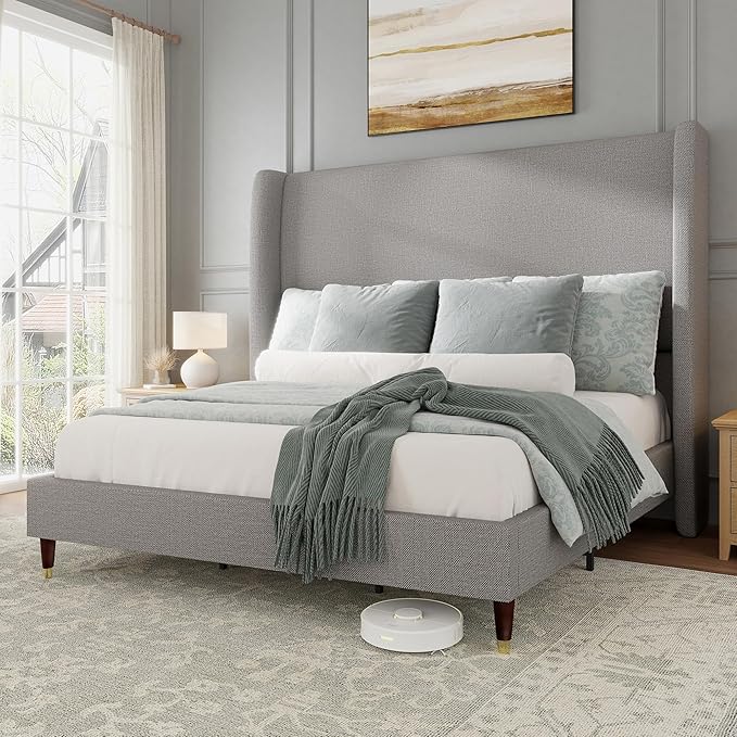 Jocisland Full Size Bed Frame 51.2" Wingback Headboard Linen Upholstered Platform Bed with Solid Wood Legs & Wooden Slats, No Box Spring Needed, Modern Minimalist Style, Easy Assembly, Light Gray
