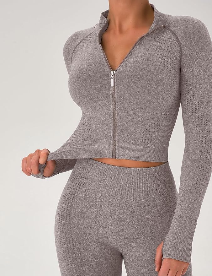 OLCHEE Womens Workout Sets 2 Piece Seamless Yoga Outfits Long Sleeve Zipper Jacket High Waist Leggings Butt Lifting Gym Set