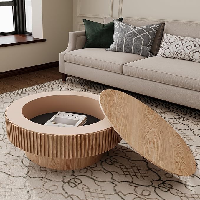 31.5''Round Coffee Table with Storage, Modern Luxury Circle Drum Center Tables with Solid Wood Veneered, Accent Side Coffee Table for Living Room, Bedroom, Apartment-Natural