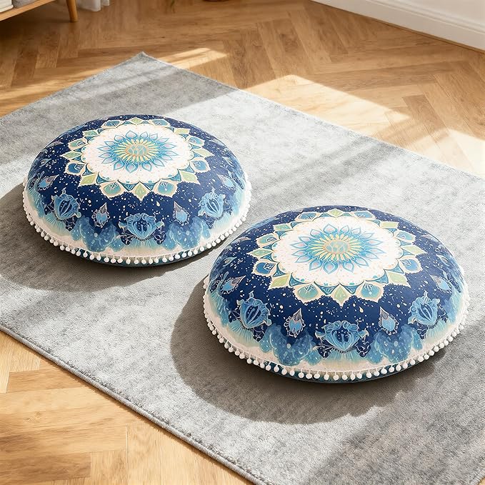 Meditation Cushion 32 Inch Round, Extra Thick Memory Foam Floor Pillow with Removable Washable Cover, Bohemian Mandala Yoga Cushion for Adults - Ideal Gift & Holiday Decor, Green