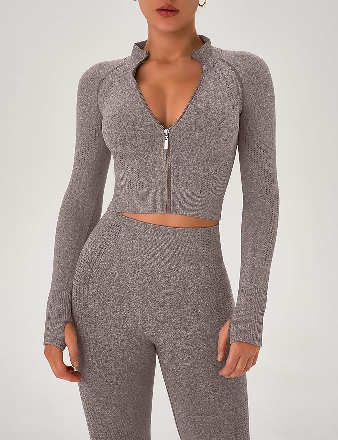 OLCHEE Womens Workout Sets 2 Piece Seamless Yoga Outfits Long Sleeve Zipper Jacket High Waist Leggings Butt Lifting Gym Set