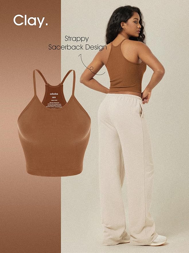 ODODOS Women's Crop 3-Pack Seamless Rib-Knit Camisole Crop Tank Tops