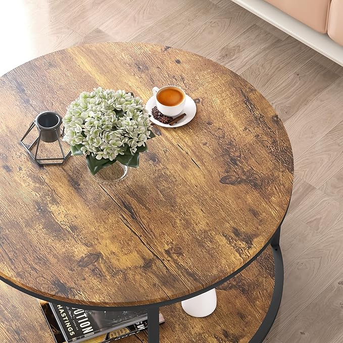 NSdirect Round Coffee Table, 27.6" Small Coffee Table for Living Room,2-Tier Rustic Wood Desktop with Storage Shelf Modern Design Home Furniture(Brown)